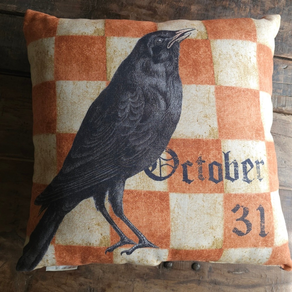 Pottery Barn Halloween Crow Raven  October 31 Checkered Pillow 20"×20"  Rare